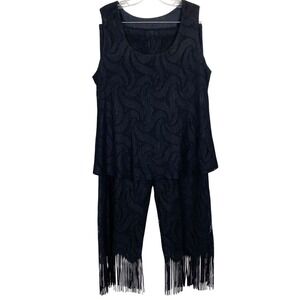 Damianou Metallic Knit Fringe Hem 2-Piece Tunic Pant Set Womens L Black Vintage